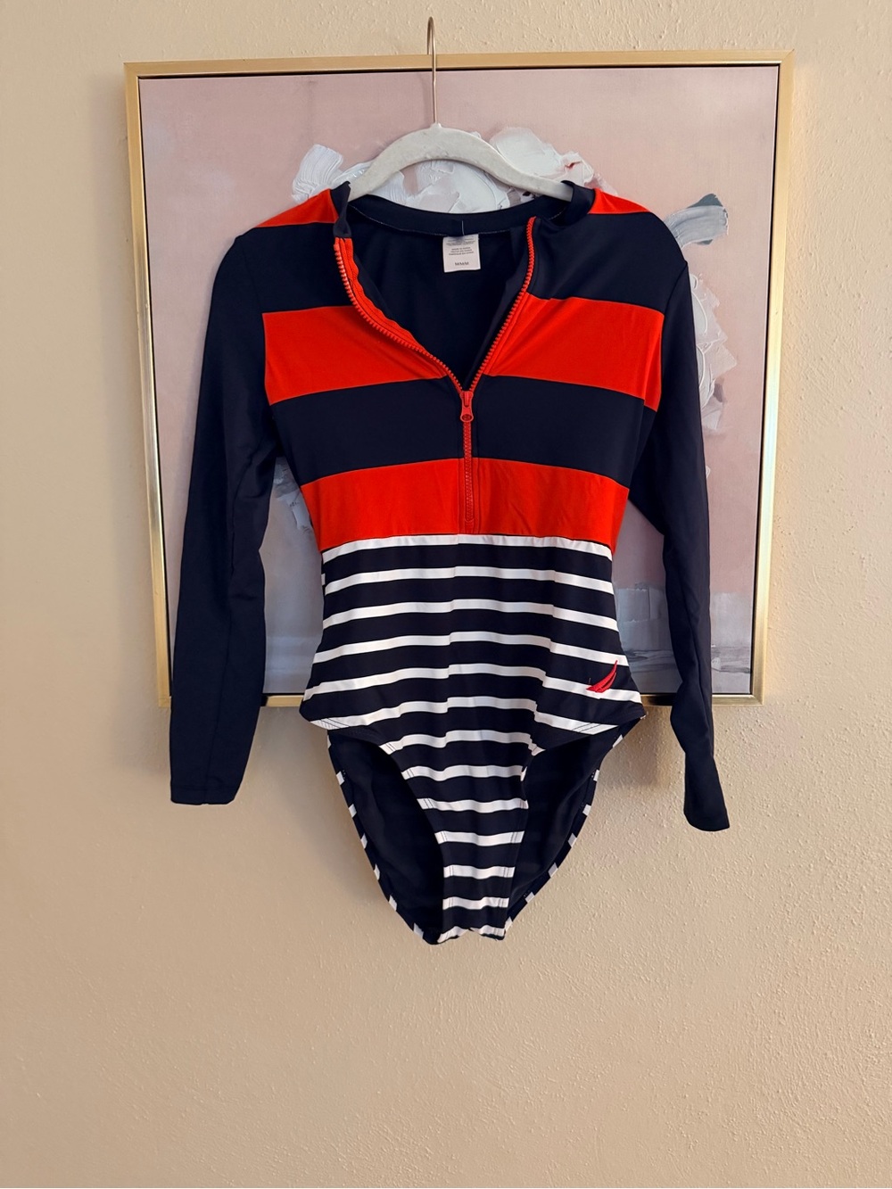 Nautica Long Sleeve One-Piece Swimsuit | Quarter Zip | Colorblock | Size Medium